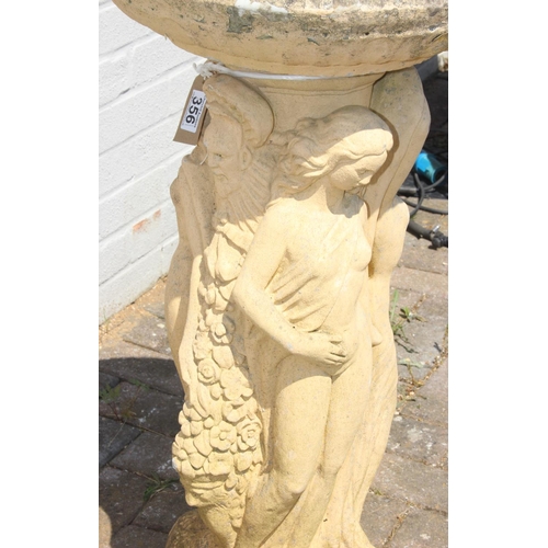 356 - Garden bird bath with semi-nude female design, approx 77cm tall