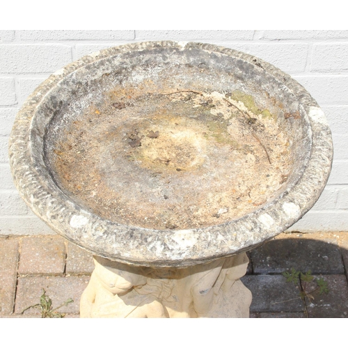 356 - Garden bird bath with semi-nude female design, approx 77cm tall