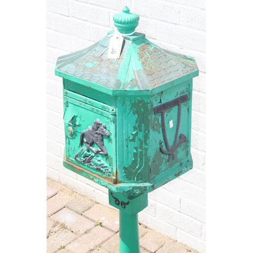 358 - Antique style cast iron green painted letterbox with hunting scene decoration, approx 107cm H