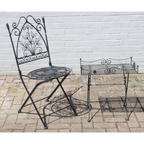 362 - Folding metal garden chair and small folding side table, table approx 48cm W x 34cm D x 50cm H