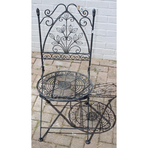 362 - Folding metal garden chair and small folding side table, table approx 48cm W x 34cm D x 50cm H