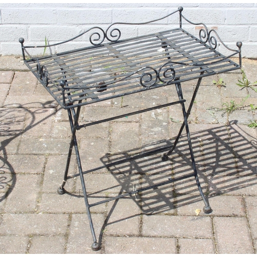 362 - Folding metal garden chair and small folding side table, table approx 48cm W x 34cm D x 50cm H