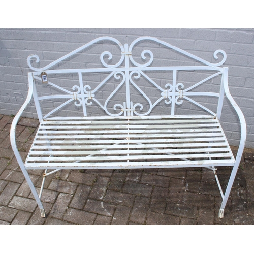 368 - White painted wrought iron 2 seater bench, approx 115cm W x 44cm D x 94cm H