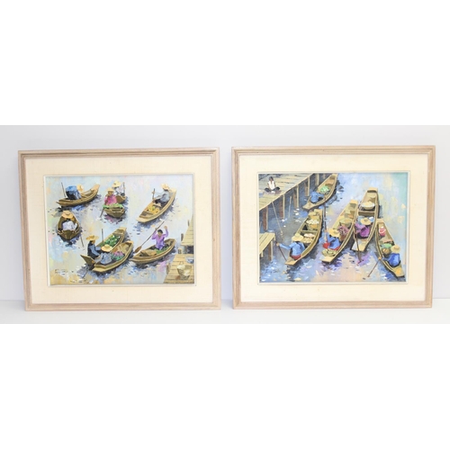 464 - Pair of colourful oil paintings of a floating market, Thailand, signed Prayong Zaetia, with annotati... 