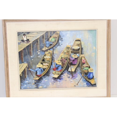 464 - Pair of colourful oil paintings of a floating market, Thailand, signed Prayong Zaetia, with annotati... 