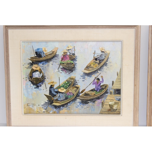 464 - Pair of colourful oil paintings of a floating market, Thailand, signed Prayong Zaetia, with annotati... 