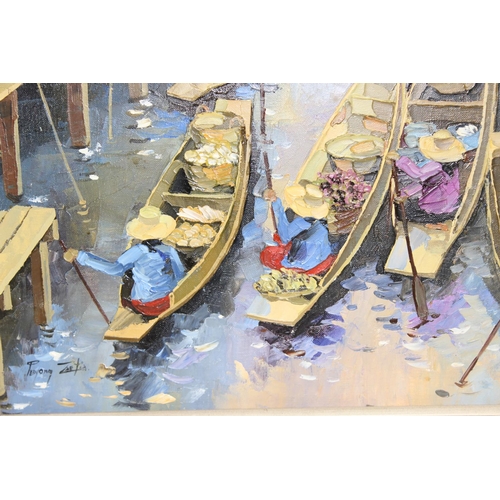 464 - Pair of colourful oil paintings of a floating market, Thailand, signed Prayong Zaetia, with annotati... 