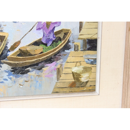 464 - Pair of colourful oil paintings of a floating market, Thailand, signed Prayong Zaetia, with annotati... 