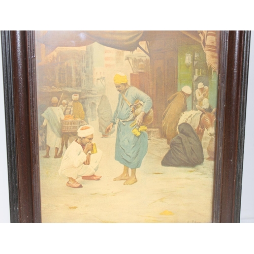 465 - A vintage pair of coloured prints depicting Middle Eastern street market scenes, after Otto Pilny (C... 