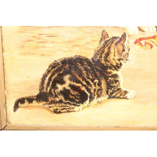 469 - A vintage oil on canvas of cats playing with an apple, unsigned but various annotations verso, appro... 