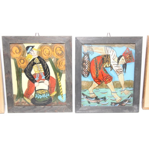 470 - 6 assorted interesting vintage Polish folk art paintings, possibly reverse painted glass, various la... 