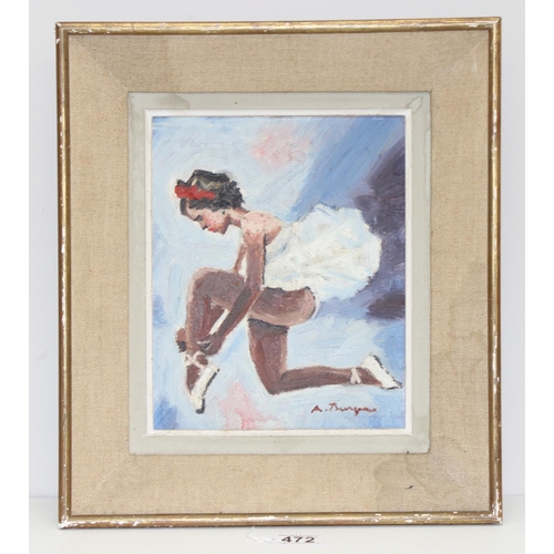 472 - A mid-century oil on canvas of a ballet dancer adjusting her shoes, indistinctly signed lower right,... 