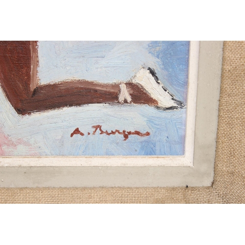 472 - A mid-century oil on canvas of a ballet dancer adjusting her shoes, indistinctly signed lower right,... 