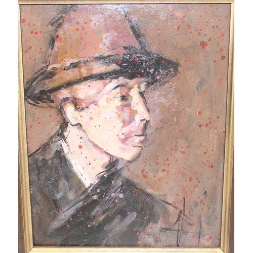 473 - Mid-century oil on board of a male with hat, indistinctly signed lower right, approx 31cm x 26cm inc... 