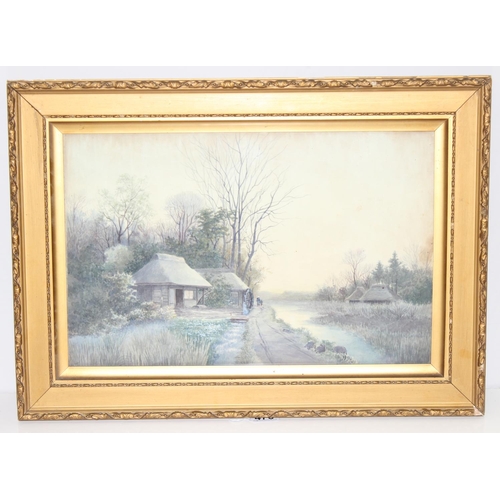 476 - An antique watercolour landscape of a watermill and river, seemingly unsigned, approx 64cm x 47cm in... 