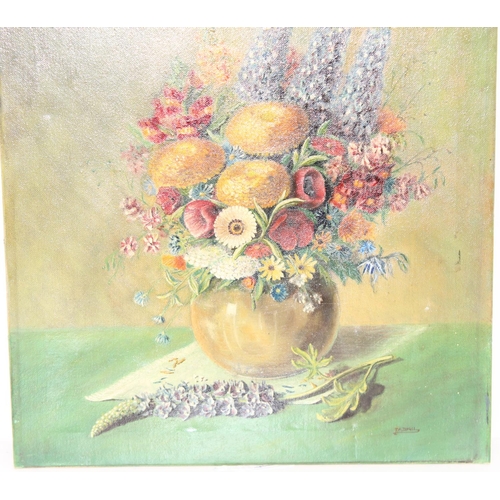 477 - T.A. Dyall (XX), vintage still life oil on canvas of a vase of flowers, signed lower right, approx 5... 