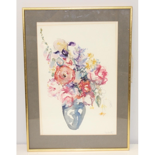 485 - Kathleen Penberthy, mid-century still life watercolour of flowers in a vase, signed and labelled ver... 