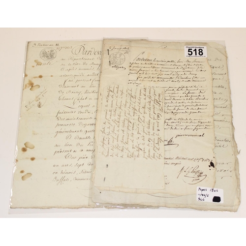 518 - 4 French Napoleonic period hand written letters and documents, 1803 - 1806 bearing various signature... 