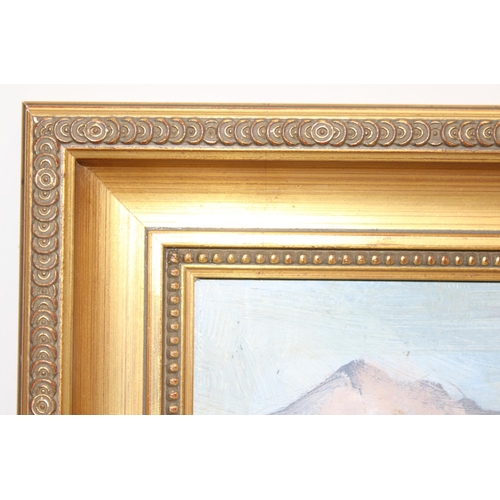 490 - 20th century oil on board of rural farm buildings, seemingly unsigned, approx 43cm x 36cm inc frame