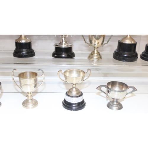 1053 - Six sets of small silver and gold plated salts and pepper dispensers all with stoppers, each approx ... 