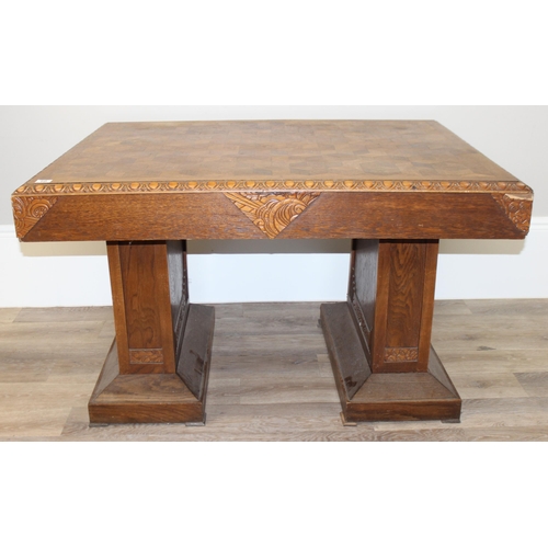 10 - An Art Deco period Belgian Library table with interesting parquetry inlaid top, marked 