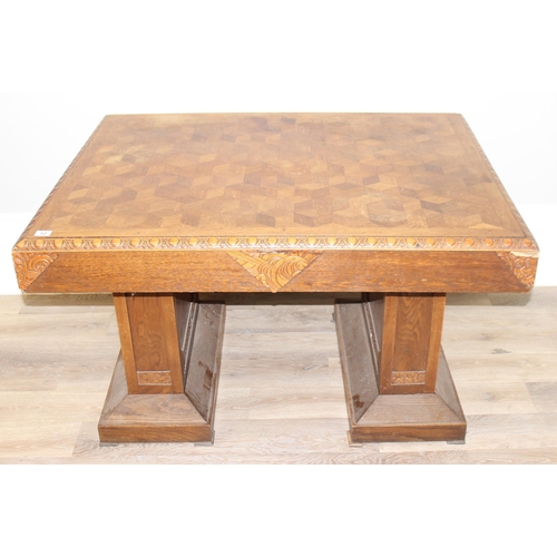 10 - An Art Deco period Belgian Library table with interesting parquetry inlaid top, marked 