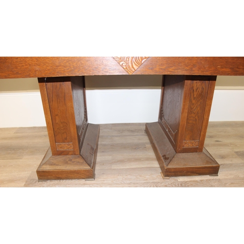 10 - An Art Deco period Belgian Library table with interesting parquetry inlaid top, marked 