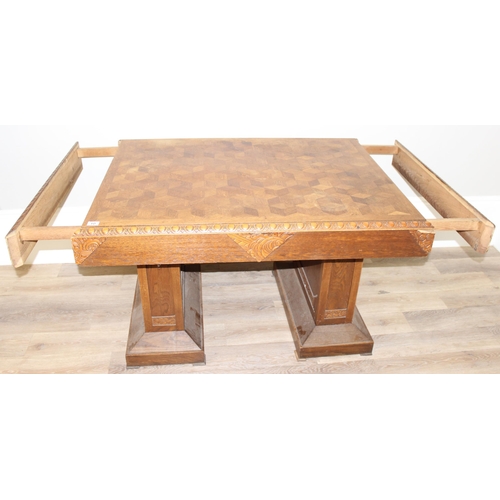 10 - An Art Deco period Belgian Library table with interesting parquetry inlaid top, marked 