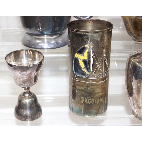 1054 - Qty of antique and later silver-plated drinking vessels, jugs etc, approx 5kg gross