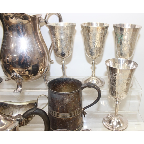 1054 - Qty of antique and later silver-plated drinking vessels, jugs etc, approx 5kg gross