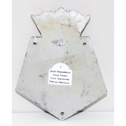 1419 - A vintage hand painted cast aluminium plaque for HMS Dauntless, approx 18cm x 14cm