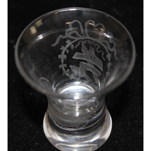 1597 - Early 19th century English Masonic firing glass, cut decoration to include square, level, plumb line... 