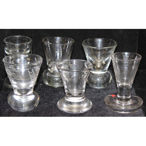 1600 - Collection of 6 Masonic antique firing glasses, to include an illusion glass with square & compass d... 