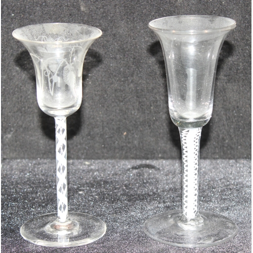 1605 - 2 18th century Georgian period drinking glasses to incl an engraved bell-shaped bowl wine glass, wit... 