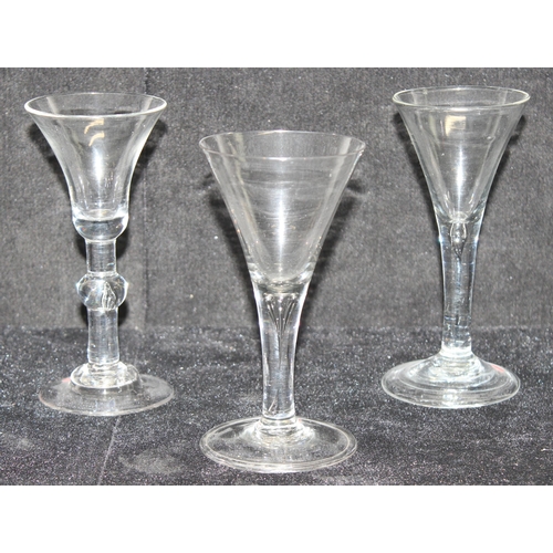 1608 - 3 Georgian period wine glasses, all with drawn bowls and plain stems with teardrops one of which ver... 