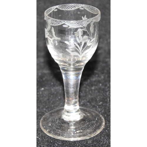 1611 - A Georgian period Ogee bowl-plain stemmed liqueur glass, with delicate engraved decoration of Roses ... 