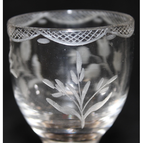 1611 - A Georgian period Ogee bowl-plain stemmed liqueur glass, with delicate engraved decoration of Roses ... 