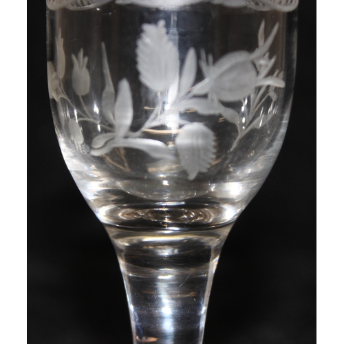 1611 - A Georgian period Ogee bowl-plain stemmed liqueur glass, with delicate engraved decoration of Roses ... 