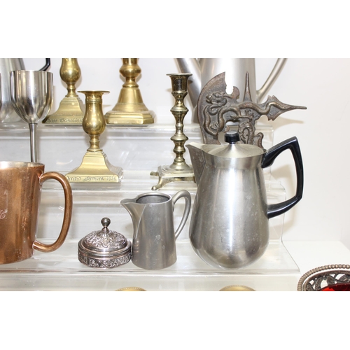 1767 - Mixed lot of antique and later metalware to incl candlesticks, teapots, copper charger, iron, shoe l... 