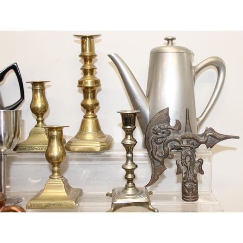 1767 - Mixed lot of antique and later metalware to incl candlesticks, teapots, copper charger, iron, shoe l... 