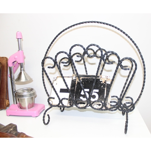 1782 - Qty of misc items to incl retro style lemon juicer, satchel, wrought iron magazine rack, church coll... 