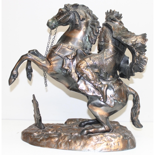 1788 - A large bronzed metal figure of a horse and warrior, approx 45cm tall