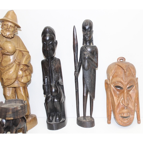 1791 - Assorted African and Oriental carved wooden figures, a lacquered dome topped bowl etc