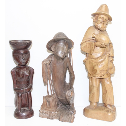 1791 - Assorted African and Oriental carved wooden figures, a lacquered dome topped bowl etc