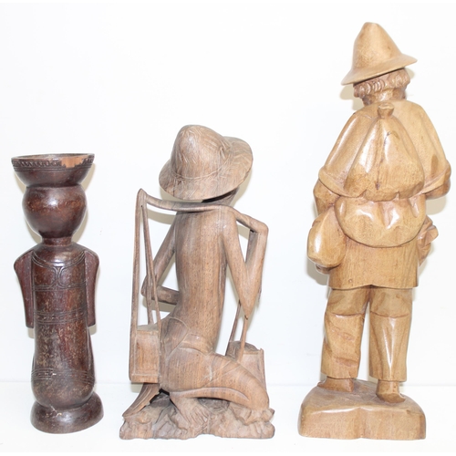 1791 - Assorted African and Oriental carved wooden figures, a lacquered dome topped bowl etc