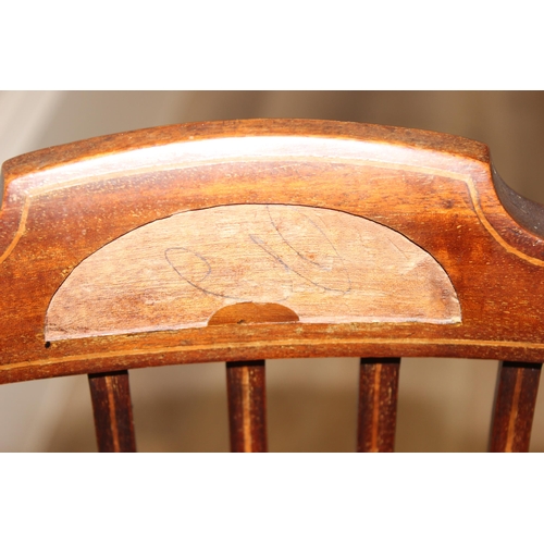 119 - An antique mahogany chair with inlaid details, stick back and embroidered seat, approx 75cm tall