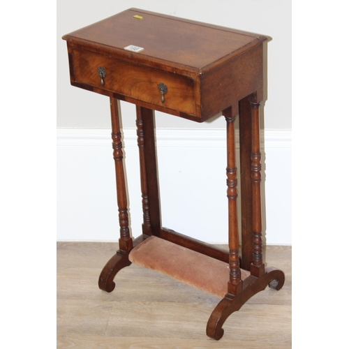 122 - An antique mahogany sewing table with slide out screen section, lacking glass, approx 41cm wide x 24... 