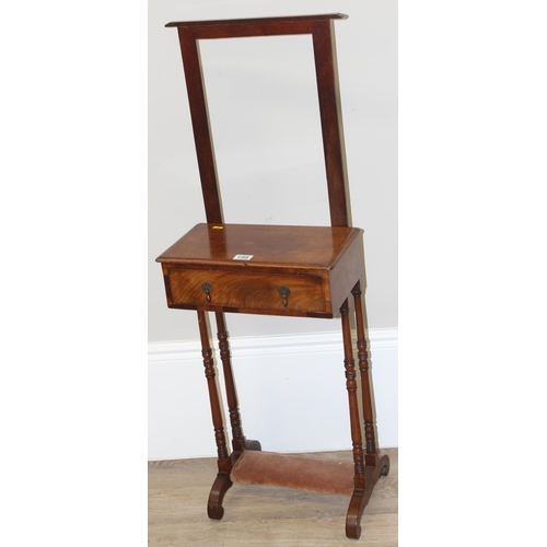 122 - An antique mahogany sewing table with slide out screen section, lacking glass, approx 41cm wide x 24... 