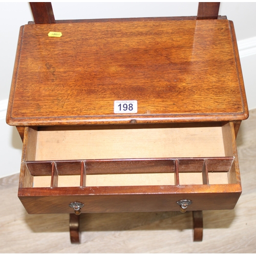 122 - An antique mahogany sewing table with slide out screen section, lacking glass, approx 41cm wide x 24... 