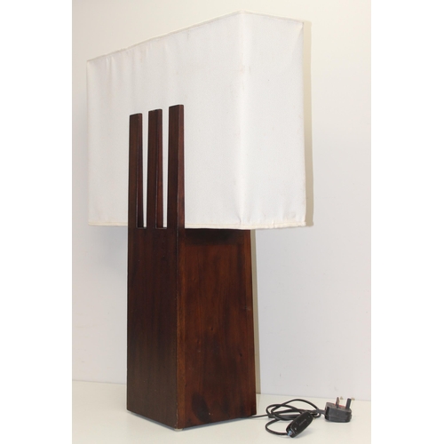 266 - An unusual darkwood lamp with 3 pronged base and slide in shade, approx 80cm tall